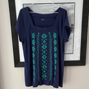 Garnet Hill Embroidered Floral Top Navy Blue Cotton Modal Size L